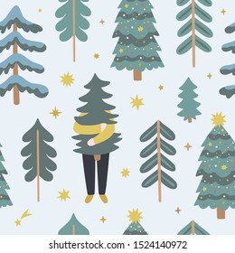 Patrón de Navidad con adorables abetos y carácter gracioso. Fondo vectorial con bosque de invierno y decoración de temporada. Felices vacaciones tejido transparente