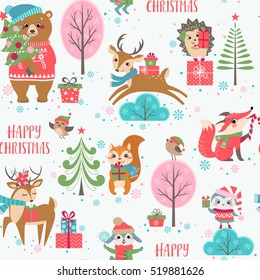 Christmas pattern with cute forest animals, gifts, trees and snowflakes .