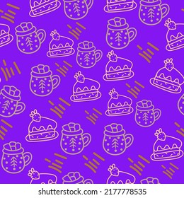 Patrón navideño con adorables regalos, pastel de navidad y tazas, patrones abstractos sobre fondo morado. Fondo festivo con elementos dibujados a mano, ilustración vectorial.