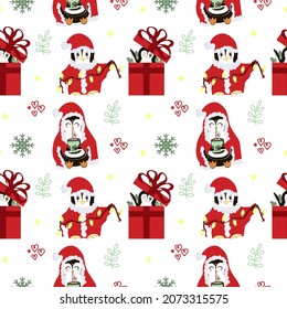 Christmas pattern with cute gifts penguins and garlands. Festive background with hand drawn elements, vector illustration in flat style.