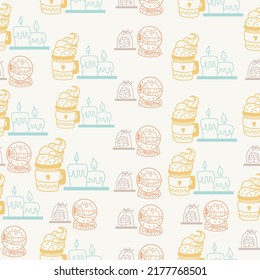 Christmas pattern with cute gifts, Christmas pudding and candles on a beige background. Festive background with hand drawn elements, vector illustration.