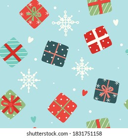 Christmas pattern with cute gifts, vector illustration in flat style