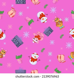 Christmas pattern with cute gingerbread cookies, gifts snowman and flower. Festive background with hand drawn elements, vector illustration. Pink background.