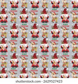 Christmas pattern with cute gnome and reindeer