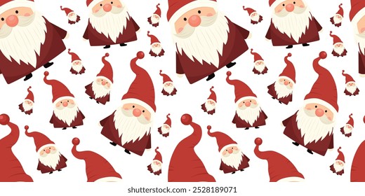 Christmas pattern with cute gnome Santa on white isolated background. Vector funny gnomes - traditional symbols of family holiday Christmas. For holiday decor, prints, gift paper.