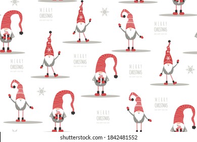 Christmas pattern with cute gnomes in red hats. Vector illustration in cartoon style. New year design for wrapping paper, textiles, fabric.
