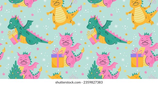 Christmas pattern with cute green dragon