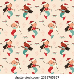 Weihnachtsmuster mit süßen Meerjungfern. Kreative Unterwasserkinetik. Frohe Weihnachten. Frohes neues Jahr. Toll für Gewebe, Stoffvektorgrafik