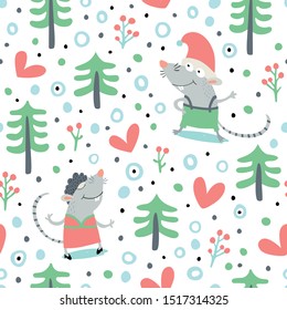 Christmas pattern with cute mice, trees and hearts for your design.