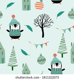 Christmas pattern with cute penguin, Christmas tree, little green house. 