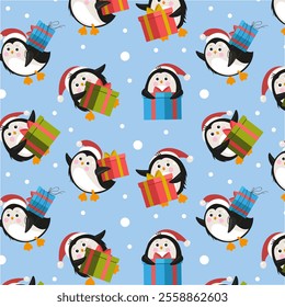 Christmas pattern cute penguins in Santa hat with presents. Kawaii animal characters