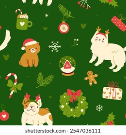 Christmas pattern with cute pets and decoration. Seamless vector print with cats and dogs.