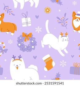 Christmas pattern with cute pets. Seamless vector cartoon xmas print with adorable pets.