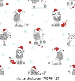 Christmas pattern with cute poodle dogs. Vector holiday background.