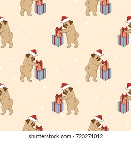 Christmas pattern with cute pugs and gifts. Vector holiday background with cartoon dogs.