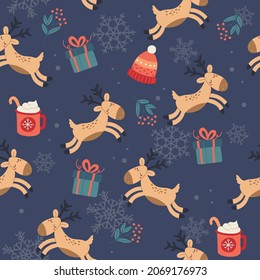 Christmas pattern with cute reindeer, gifts and cups. Festive background with hand drawn elements, vector illustration