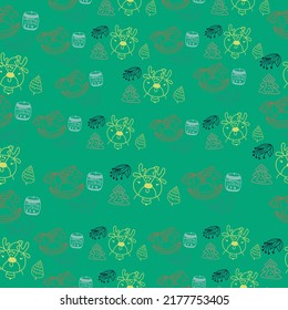 Christmas pattern with cute reindeer, gifts and cups. Festive background with hand drawn elements, vector illustration.