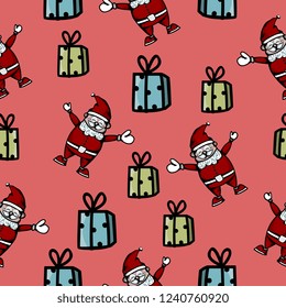 Christmas pattern with cute santa and gift drawing seamless background multicolor