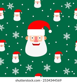 Christmas pattern with cute Santa and snow  elements on a green background. Flat cartoon illustration for postcards, banners, posters, packaging, paper. Seamless vector repeating pattern.