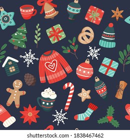 Christmas pattern cute seasonal elements, vector illustration in flat style