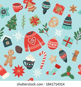 Christmas pattern cute seasonal elements, vector illustration in flat style