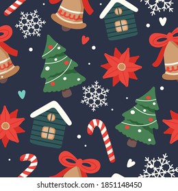 Christmas pattern cute seasonal elements, vector illustration in flat style