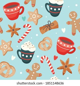 Christmas pattern cute seasonal elements, vector illustration in flat style