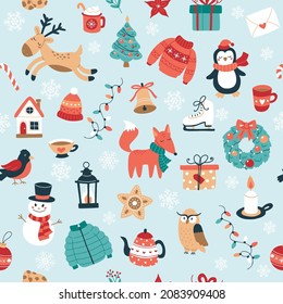 Christmas pattern with cute seasonal elements reindeer, fox, gifts, decorations, snowman. Festive background with hand drawn elements, vector illustration