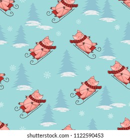 Christmas pattern with cute sledding pig. Vector New Year seamless background.