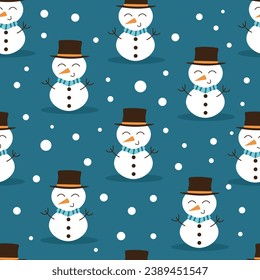 Christmas pattern with cute snowman and snowflakes in cartoon style. New Year seamless vector pattern in flat style	