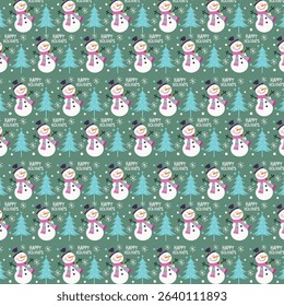 Christmas pattern with cute snowman and tree