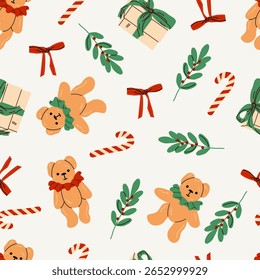 Christmas pattern with cute teddy bears, candy canes, bows, gift boxes. Vector vintage illustration for fabric, paper, textiles, notepad, children clothing, greeting card. Holiday seasonal design.