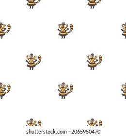 Christmas pattern with cute tigers in dress on white background. Christmas cartoon animals print. Winter stylized wallpaper. Chinese horoscope symbol.