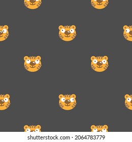 Christmas pattern with cute tigers on dark background. Christmas cartoon animals print. Winter stylized wallpaper. Chinese horoscope symbol.