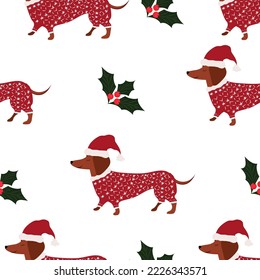 Christmas pattern. Dachshund. Winter. High quality vector illustration.