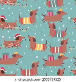 Christmas pattern with dachshunds, lights, stars and snow on blue background. 