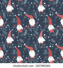 Christmas pattern with dancing little gnomes in red hats. Cute scandinavian elves. Vector illustration in cartoon style. New year design for wrapping paper, textiles, fabric