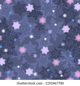 Christmas pattern of dark and light snowflakes on a purple background. As a packing material or background.