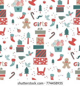 Christmas pattern with Christmas decor and gifts. Hand-drawn lettering Gifts, lot of gifts, mask, man cookies, stockings, mustaches, candy, cupcake, Christmas tree. For invitations, posters