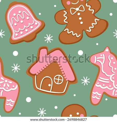 Christmas pattern of decorated gingerbread cookies. Vector seamless texture.