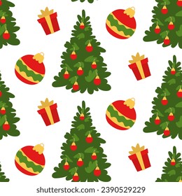 Ein Weihnachtsmuster mit einem verzierten Weihnachtsbaum, einer Geschenkbox, einem Weihnachtsbaumspielzeug. Flache Vektorgrafik. Vorlage für Verpackungspapier, festliche Textilien auf weißem Hintergrund
