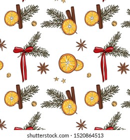 Christmas pattern decoration - evergreen fir tree branch, orange slices, red bow, cinnamon, anise star, glitter sparkle stars and jingle bells calligraphic quote, Happy New Year design pattern