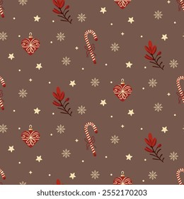 Christmas pattern with christmas decorations, christmas flower, sweets, snowflakes on a dark background. Seamless background perfect for use in textiles, wallpapers, and festive decorations.