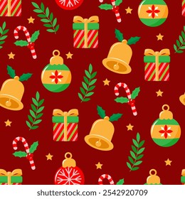 Christmas pattern decorations, presents, candy canes, bells, stars. Perfect for holiday invitations, greeting cards, background, gift wrap and social media posts.