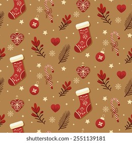 Christmas pattern with christmas decorations, christmas sock, sweets, snowflakes on a brown background. Seamless background perfect for use in textiles, wallpapers, and festive decorations.