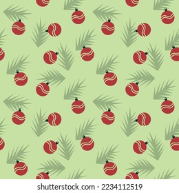 Christmas pattern with christmas decorations and tree branches. Green and red colors, soft and cute