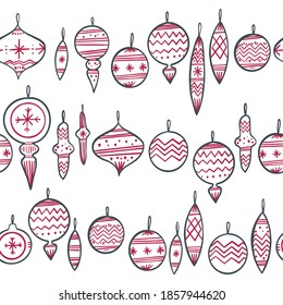 Christmas pattern with Christmas decorations. Christmas tree toys. Vector image, clipart, editable details. For backgrounds, packaging, textile and various other designs.