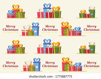 Christmas pattern with decorative gifts, Merry Christmas and Happy New Year.