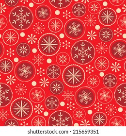 Christmas pattern with decorative snowflakes on red  background.