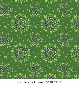 Christmas pattern with decorative snowflakes on green background.